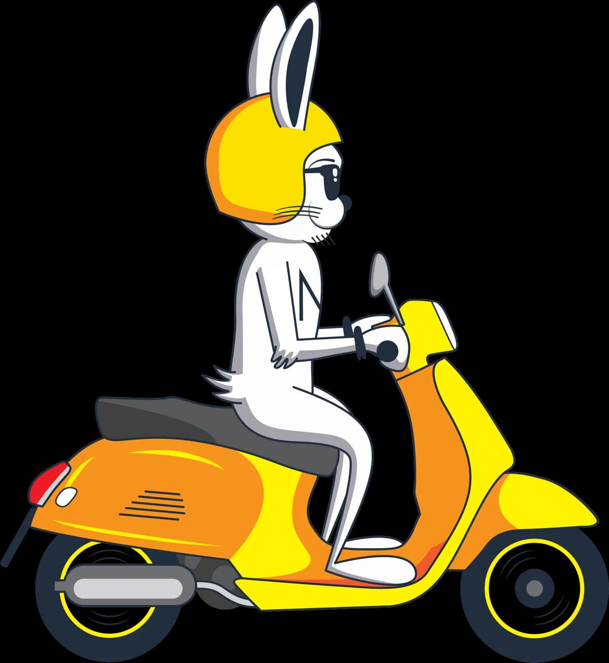 Movi, el conejo gurú de MoviGurú, montando su moto amarilla